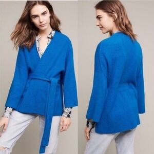 Anthropologie Sleeping on Snow Cotton Blue Tie Wrap Cardigan Sweater‎ L